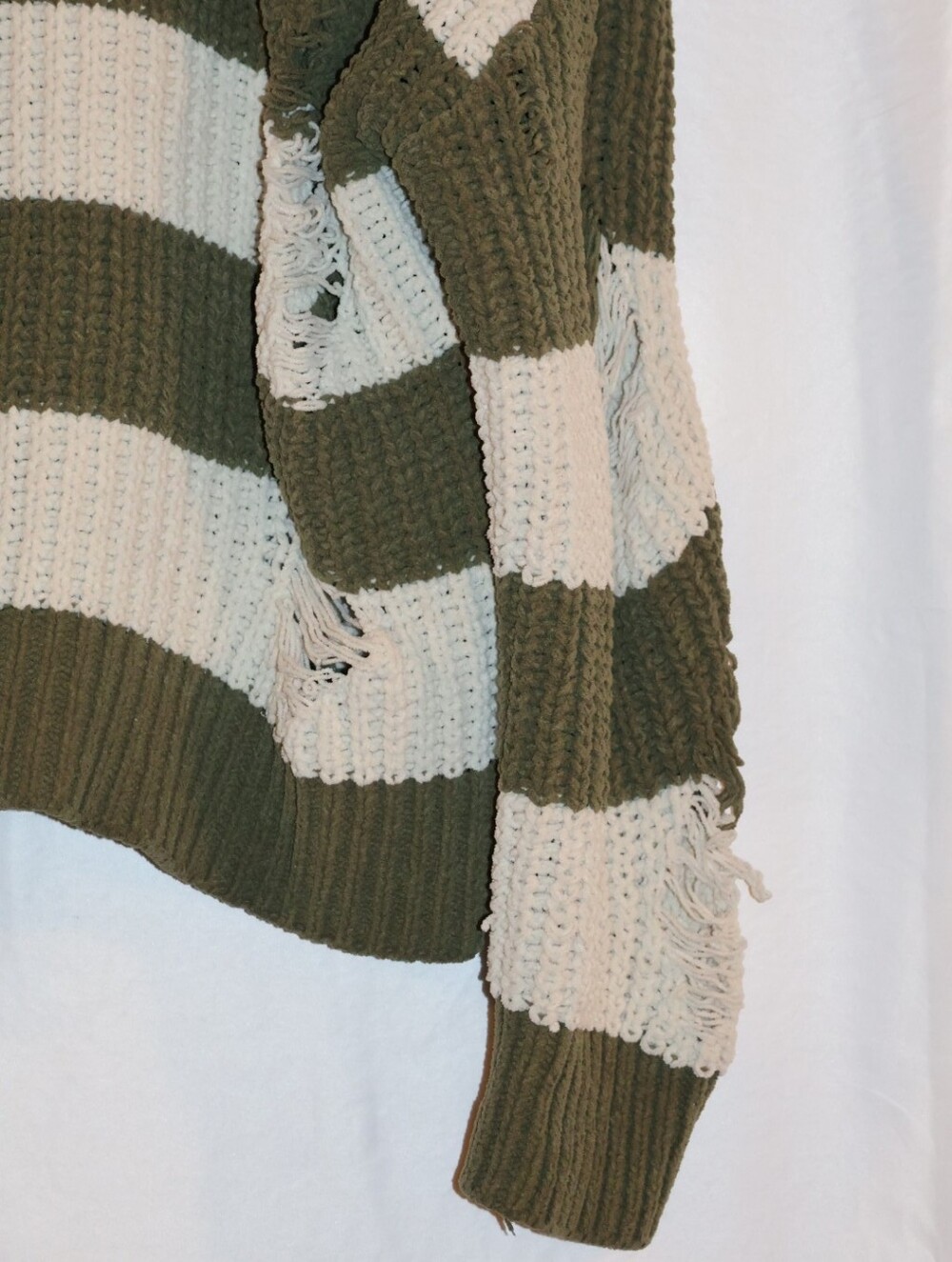 POL Olive Green and Cream Distressed Striped Knit Sweater. - Picture 8 of 13